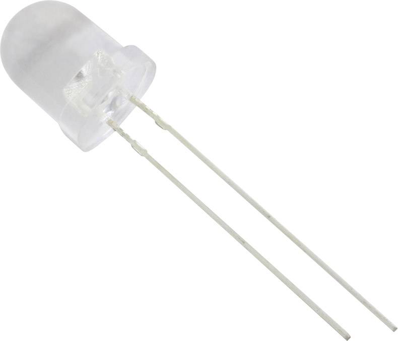 Prozirna LED dioda s dva duga priključna žica na bijeloj pozadini.