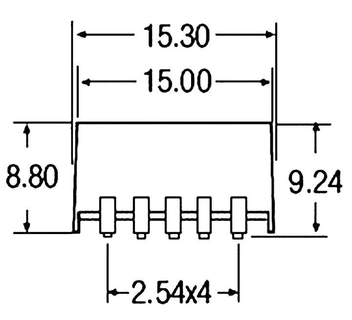 'Mjerna skica elektroničke komponente: širina 15,30 mm, 15,00 mm, visina 9,24 mm, 8,80 mm, razmak pinova 2,54 mm x4.'