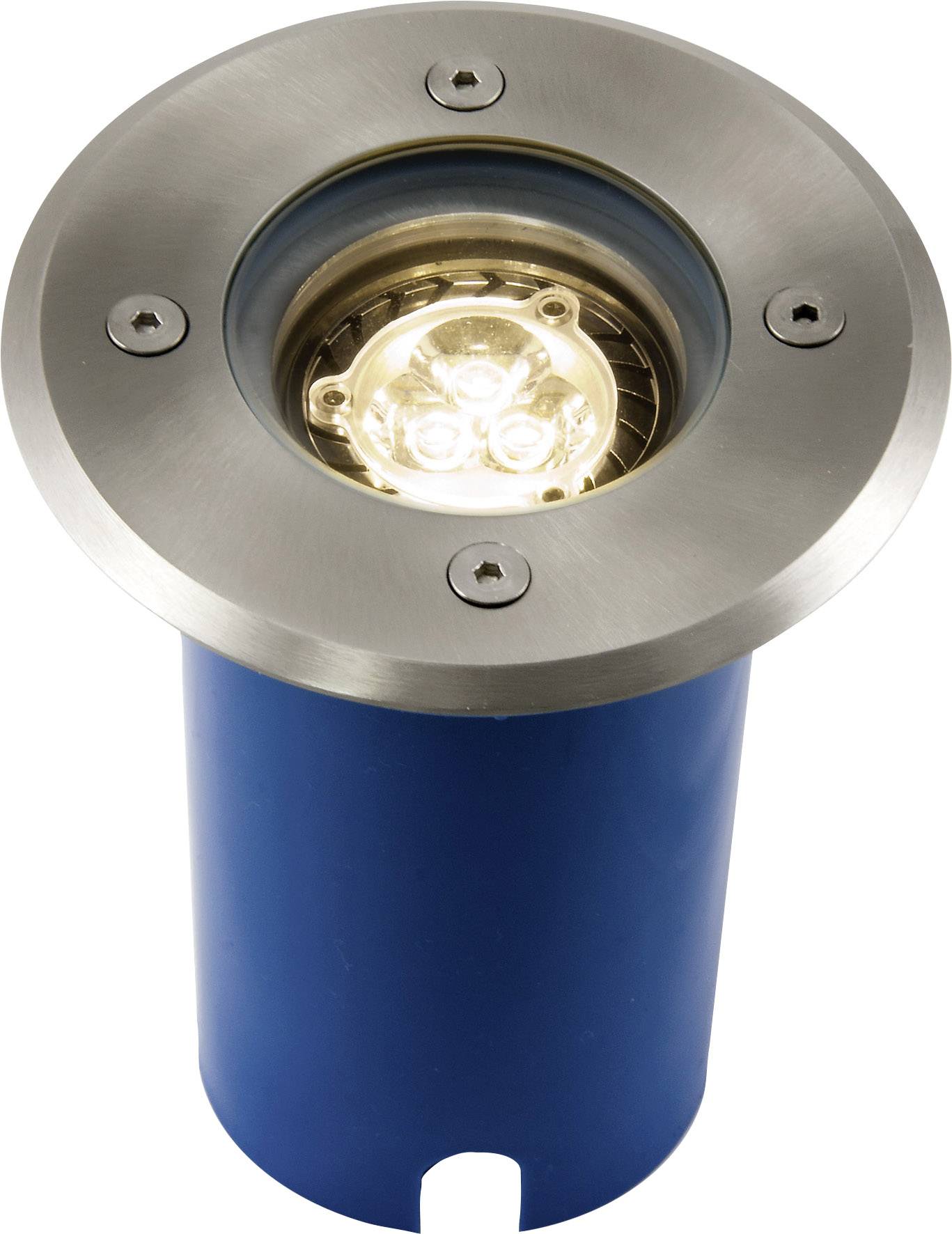 Srebrna ugradbena lampa kružnog oblika s plavim podnožjem, dizajnirana za ugradnju u pod.