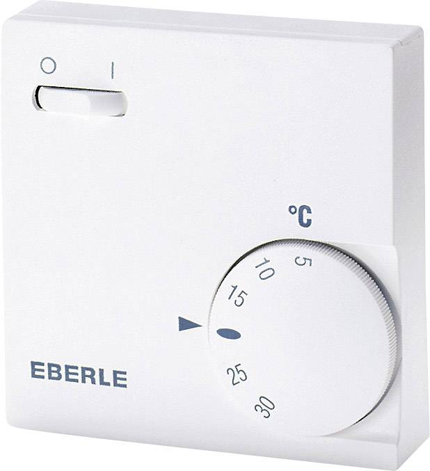 Bijeli zidni termostat s okretnim regulatorom pokazuje temperature od 5 do 30 stupnjeva Celzijusa. Gore lijevo nalazi se prekidač s položajem uključeno/isključeno.