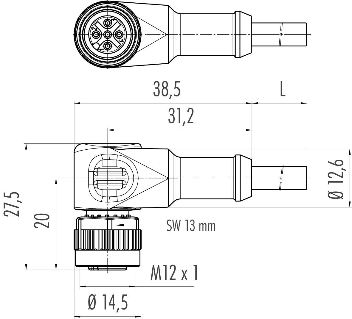 Tehnički nacrt 90-stupanjskog kutnog priključka. Navedene su dimenzije: duljina 38,5 mm, širina 31,2 mm, visina 27,5 mm, navoj M12 x 1.