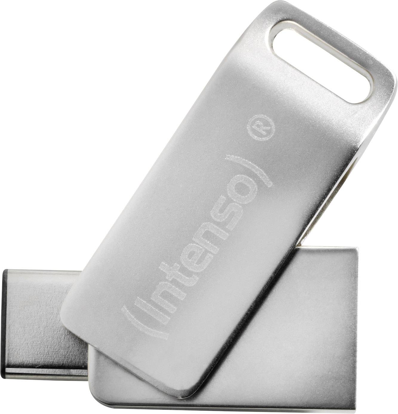 Srebreni USB stick marke Intenso, blago zakrivljen.