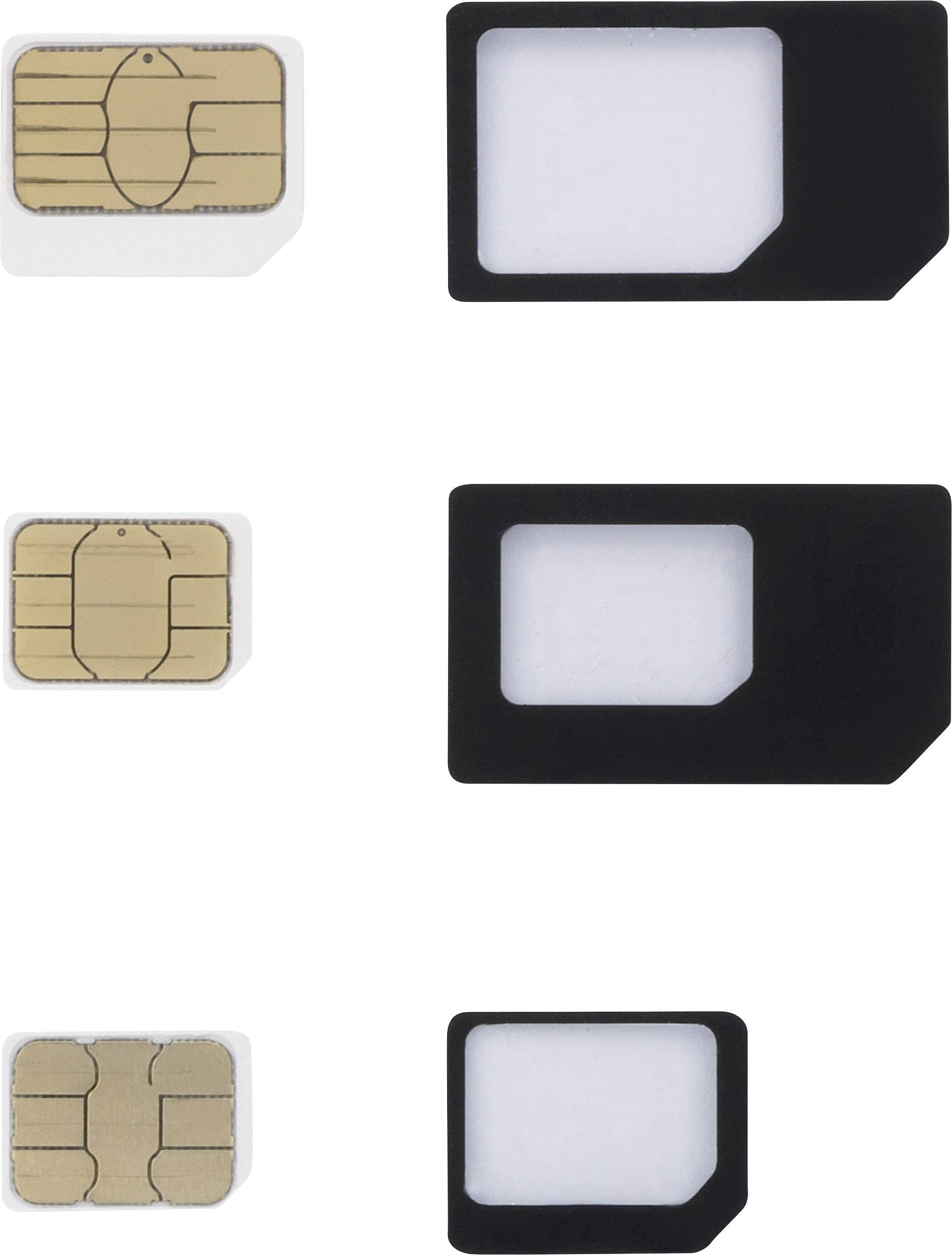 Slika prikazuje tri SIM kartice različitih veličina: Nano, Micro i Standard, svaka uz odgovarajući adapter.