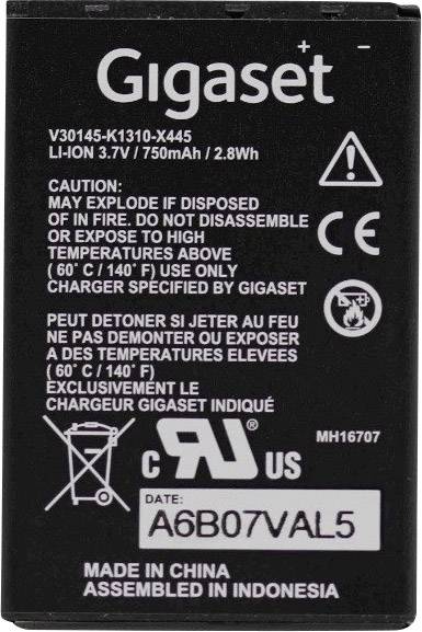 Crna baterija s logotipom 'Gigaset'-a. Sadrži upozorenja i napomene za odlaganje na engleskom i francuskom jeziku. Kapacitet: 750mAh.