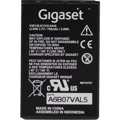 Crna baterija s logotipom 'Gigaset'-a. Sadrži upozorenja i napomene za odlaganje na engleskom i francuskom jeziku. Kapacitet: 750mAh.