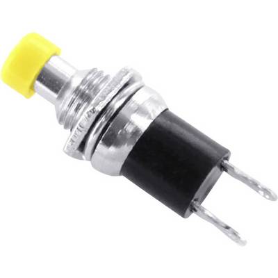 Mali, metalni pritisni gumb sa žutim poklopcem i dva priključna pina za elektroničke sklopove.