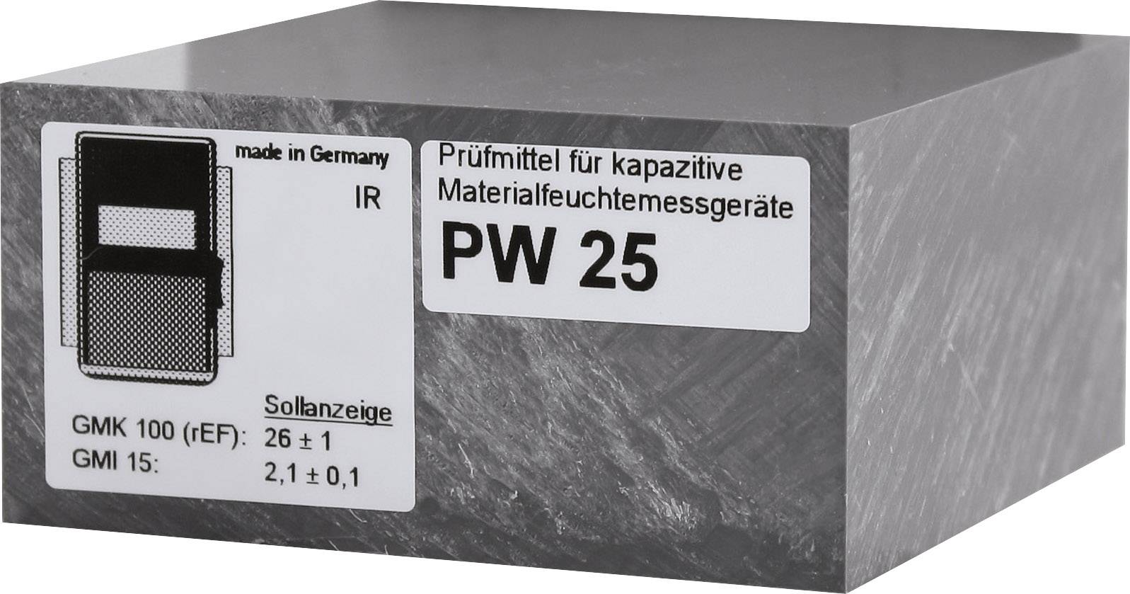 Blok senzor za provjeru kapacitivnih uređaja za mjerenje vlažnosti materijala, model 'PW 25', izrađen u Njemačkoj sa zadanom indikacijom: GMK 100 (eF): 26 ± 1, GMI 15: 2,1 ± 0,1.