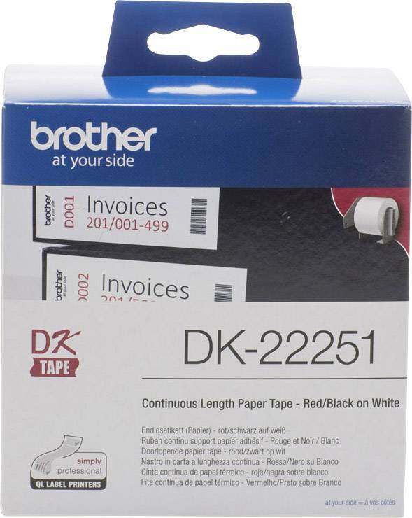 'Brother DK-22251' beskonačne naljepnice (crveno/crno na bijeloj podlozi) za pisač naljepnica. Na pakiranju prikazane 'Računi 201/001-499'.