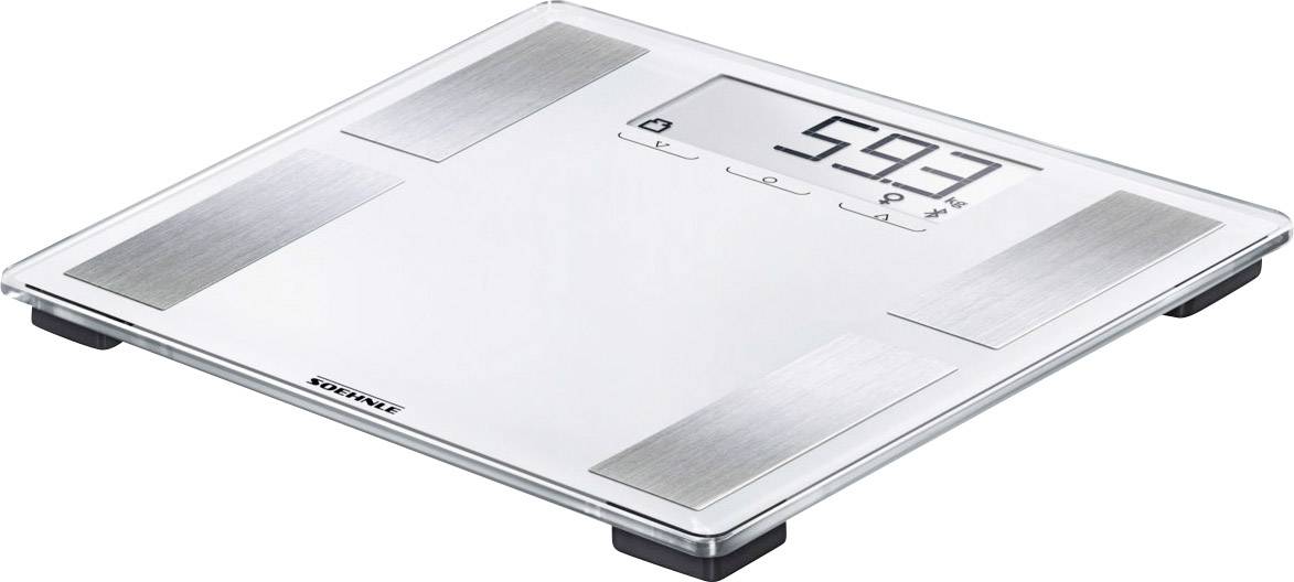 Digitalna vaga pokazuje težinu od '59,7 kg'. Ima plosnati, prozirni dizajn sa srebrnim elementima i četiri crne nožice.