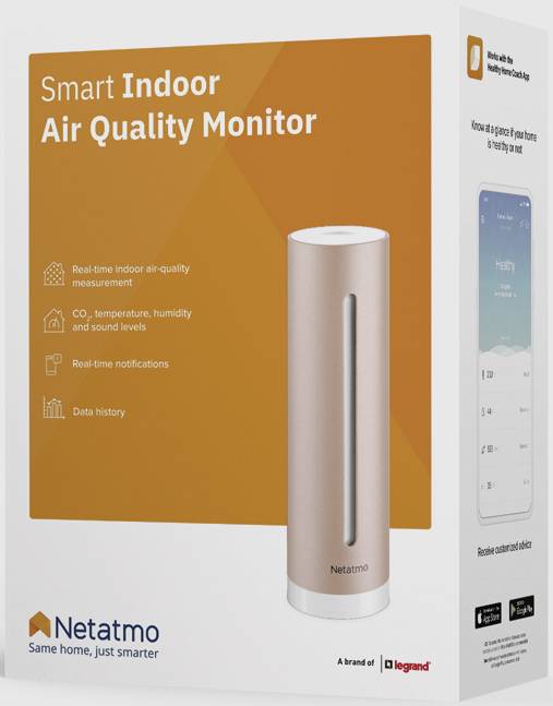 Netatmo pametni unutarnji monitor kvalitete zraka, ambalaža s prikazom proizvoda. Funkcije: mjerenje kvalitete zraka, CO2, temperatura, vlažnost i razina buke.