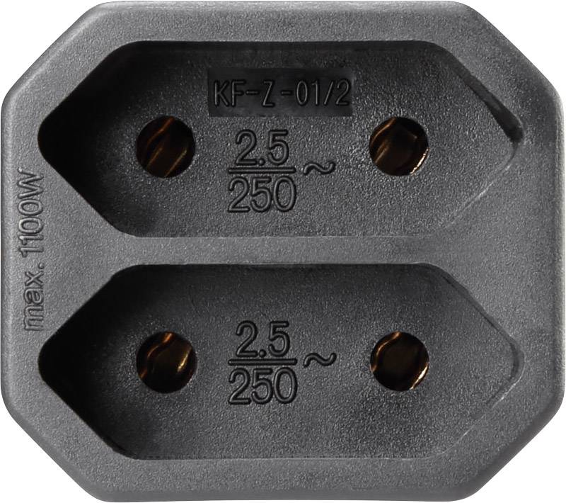 Crni adapter utikač sa dva ulaza, označen natpisima 'KF-Z-01/2', '2.5 250~' i 'max. 1100W'.