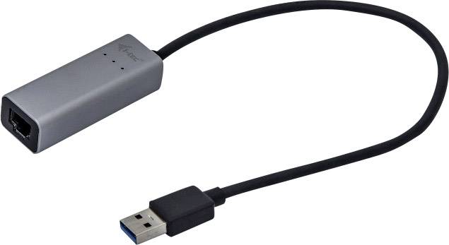 USB-Ethernet adapter sa srebrnim kućištem i kratkim crnim kabelom. USB utikač na kraju.