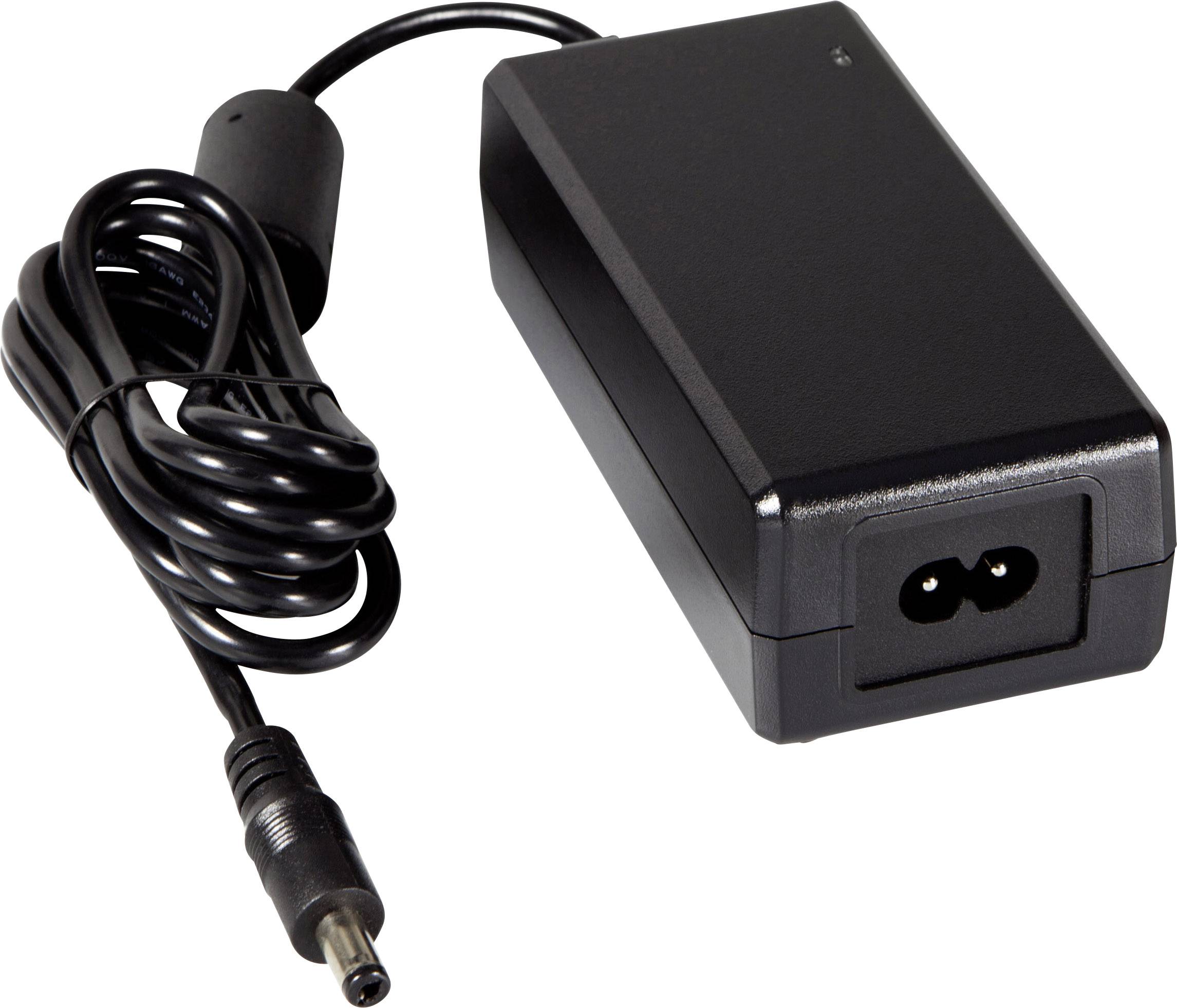 Crni mrežni adapter s zamotanim kabelom i okruglim DC priključkom, korišten za napajanje elektroničkih uređaja.