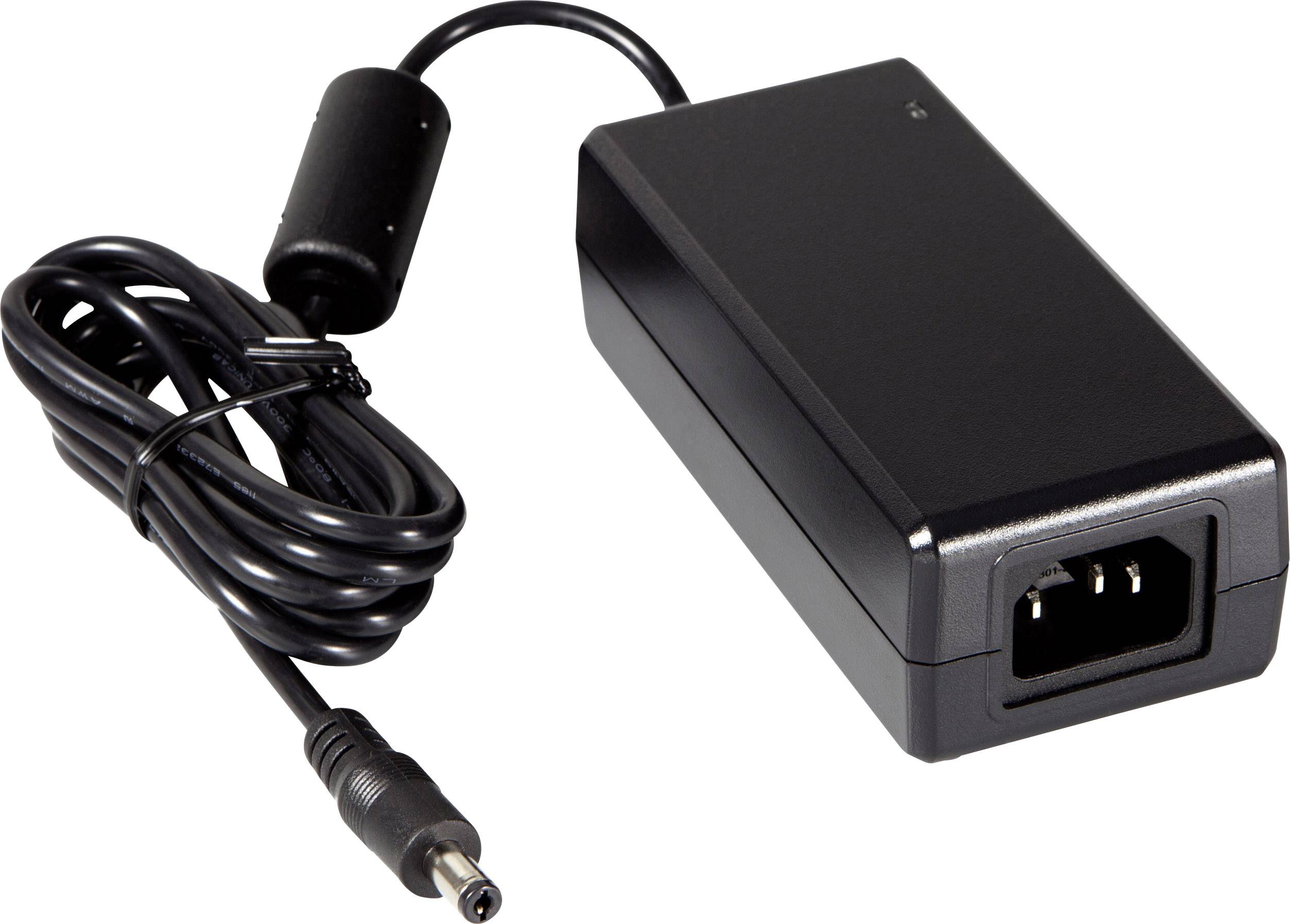 Crni vanjski napajač s priključenim kabelom i utikačem, pogodan za elektroničke uređaje.