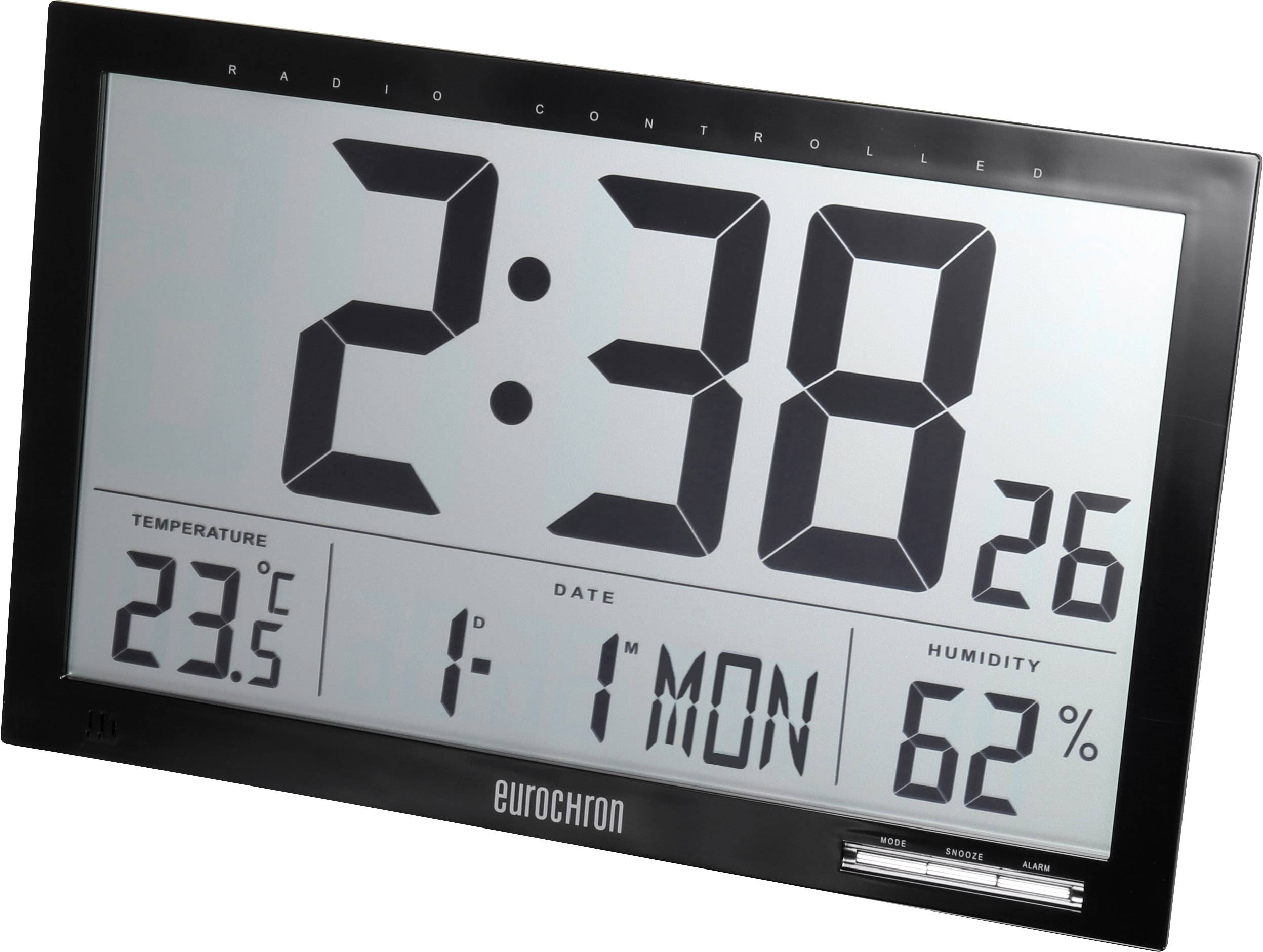 Digitalni sat s velikim zaslonom, pokazuje 2:38, temperatura 23,5°C, datum 1-1 PON i vlažnost zraka 62%.