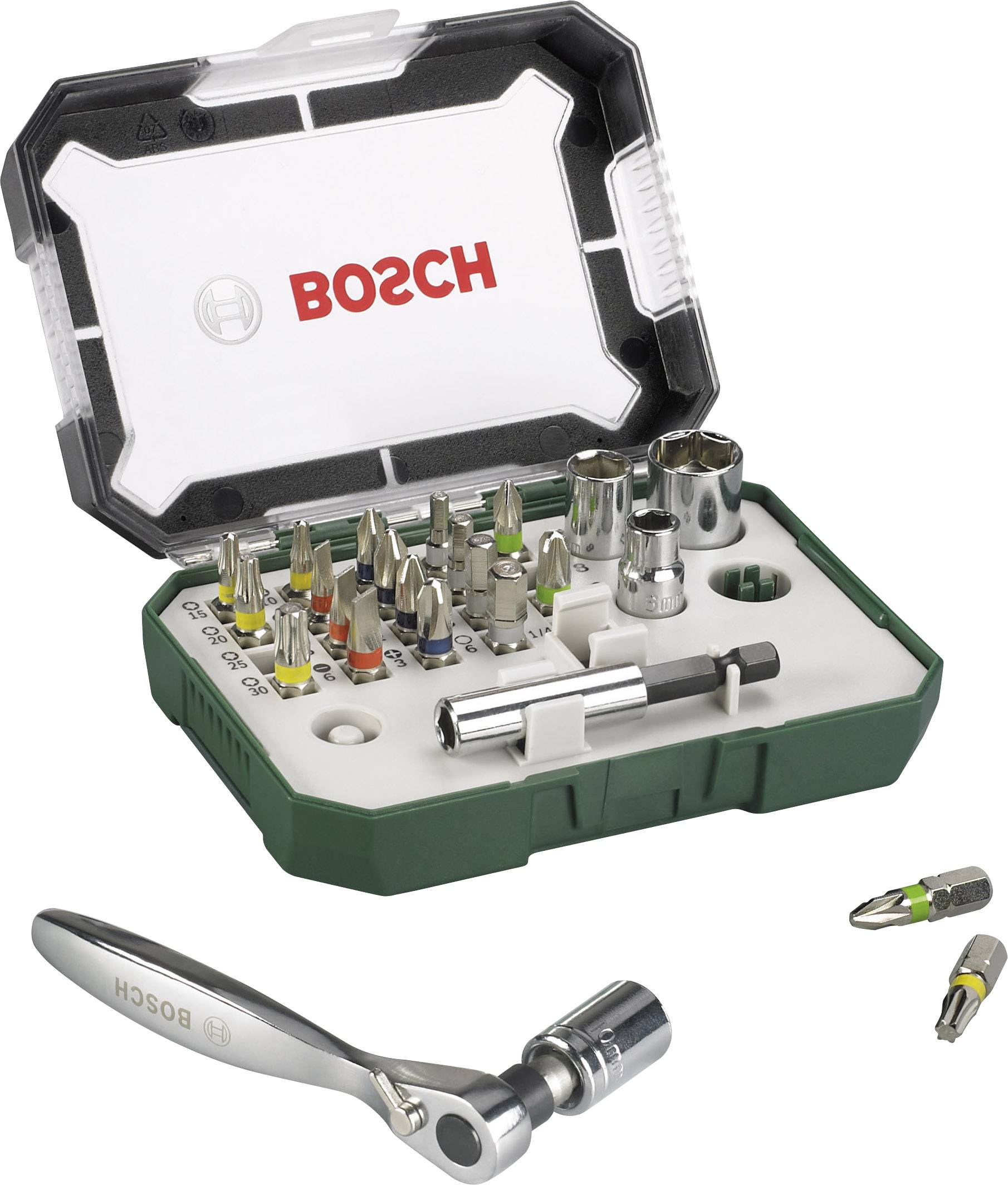 Set alata s različitim bitovima i čegrtaljkom u otvorenoj kutiji; na etiketi piše oznaka BOSCH.
