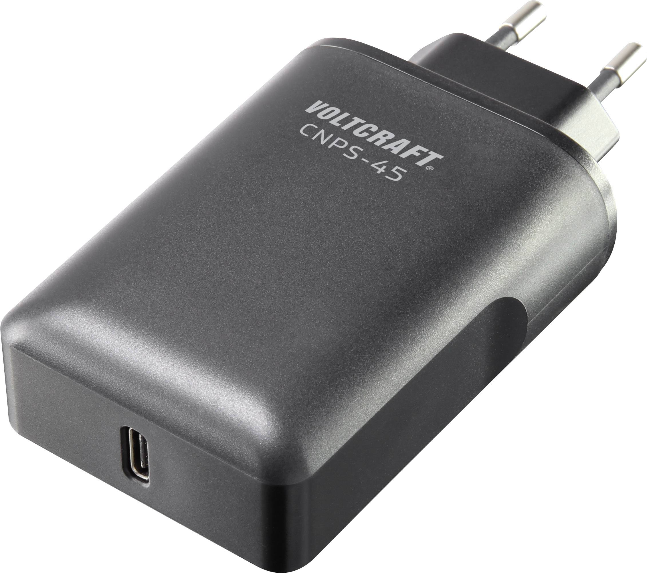 Crni USB-C punjač Voltcraft, model CNPS-45, s EU utikačem.