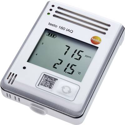 Digitalni mjerni uređaj s zaslonom prikazuje '715 ppm' i '21,5 °C'. Gore piše 'testo 160 IAQ'. QR kod je prikazan dolje.