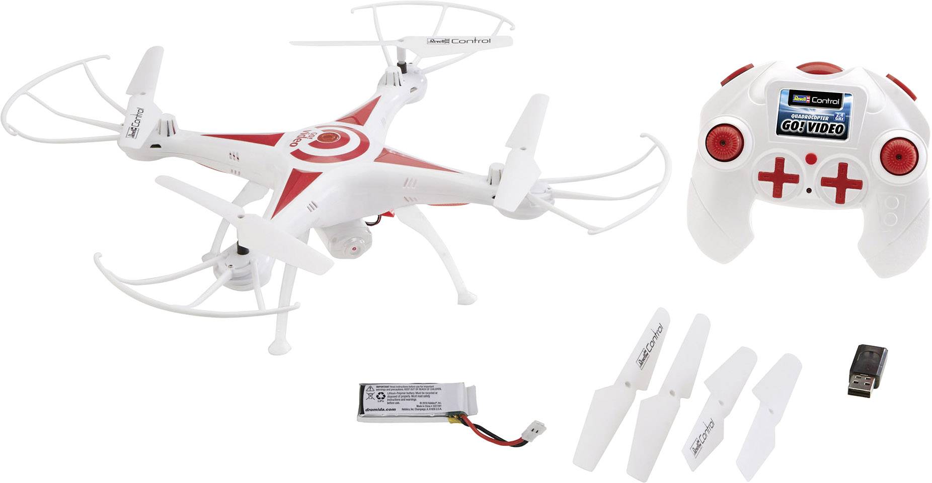 Igračka dron sa četiri propelera, daljinskim upravljačem, zamjenskim propelerima i baterijom.