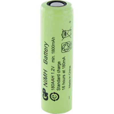 Zeleni NiMH akumulator 1,2V, 1800mAh sa simbolima za recikliranje i zbrinjavanje. Standardno punjenje: 16 sati pri 180mA.