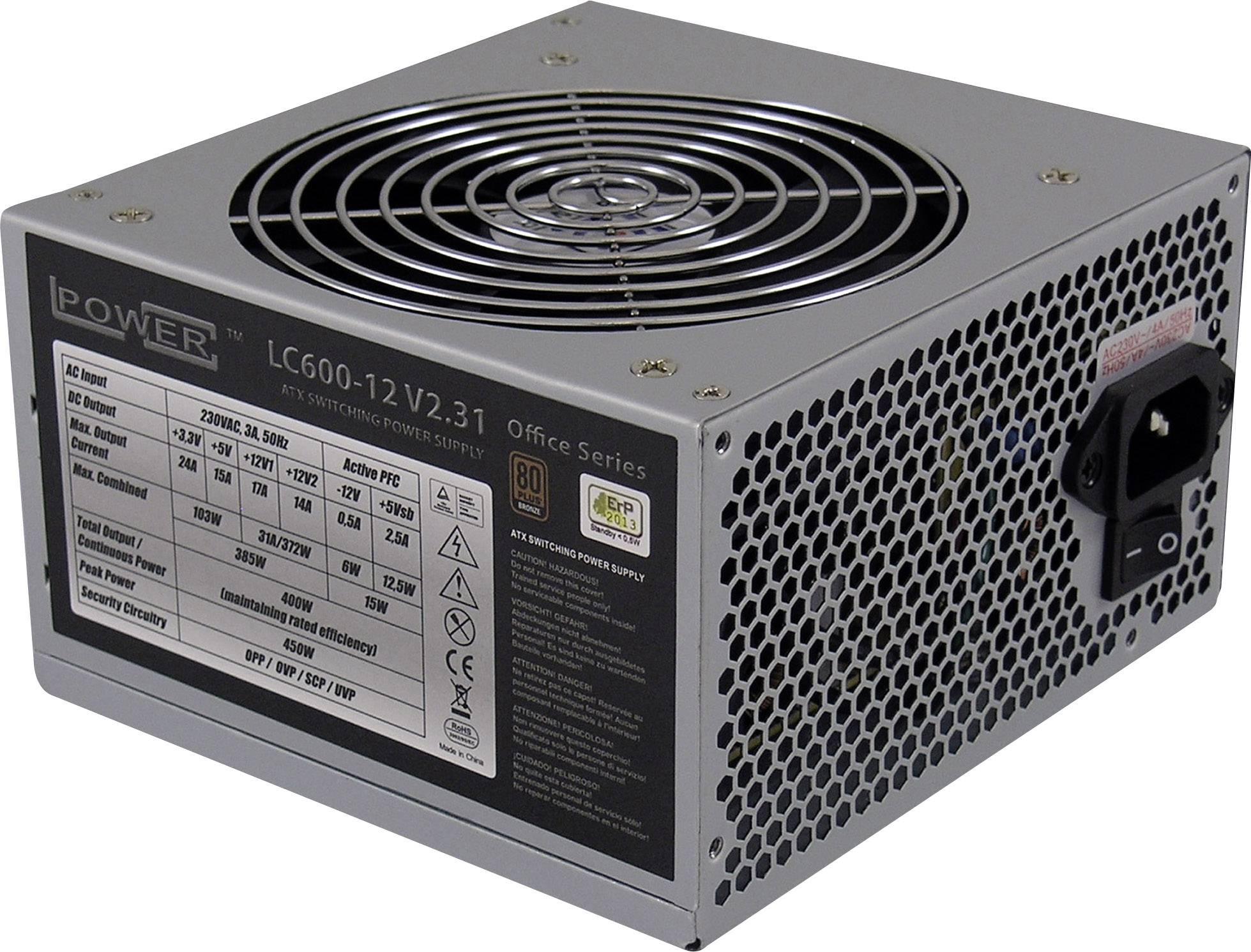 Sivi mrežni napajalnik s ventilatorom i mrežnim priključkom. Naljepnica prikazuje specifikacije: LC600-12 V2.31, 230V, 600W, 80 Plus Bronze.