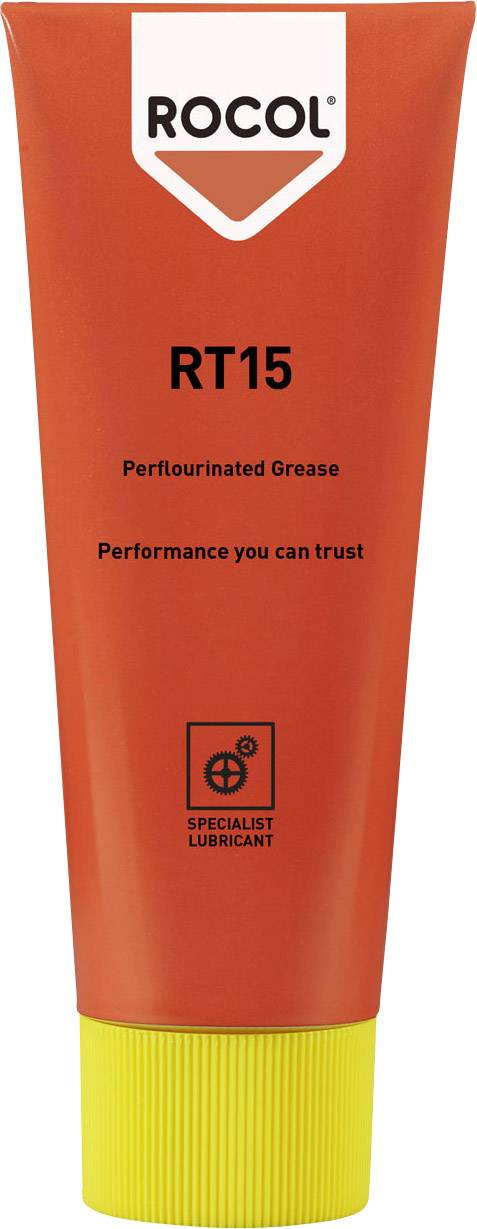 Crvena tuba sa žutim čepom, označena natpisima 'RT15 Perflourinated Grease' i 'Performance you can trust'. Marka 'ROCOL'.
