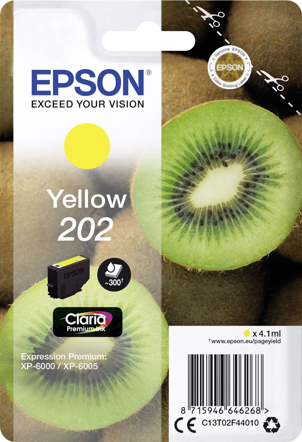 Ambalaža za Epson tintne patrona u žutoj boji, model 202. Prikazuje polovicu kivija i slike pisača. Odgovara modelima Expression Premium XP-6000/XP-6005.