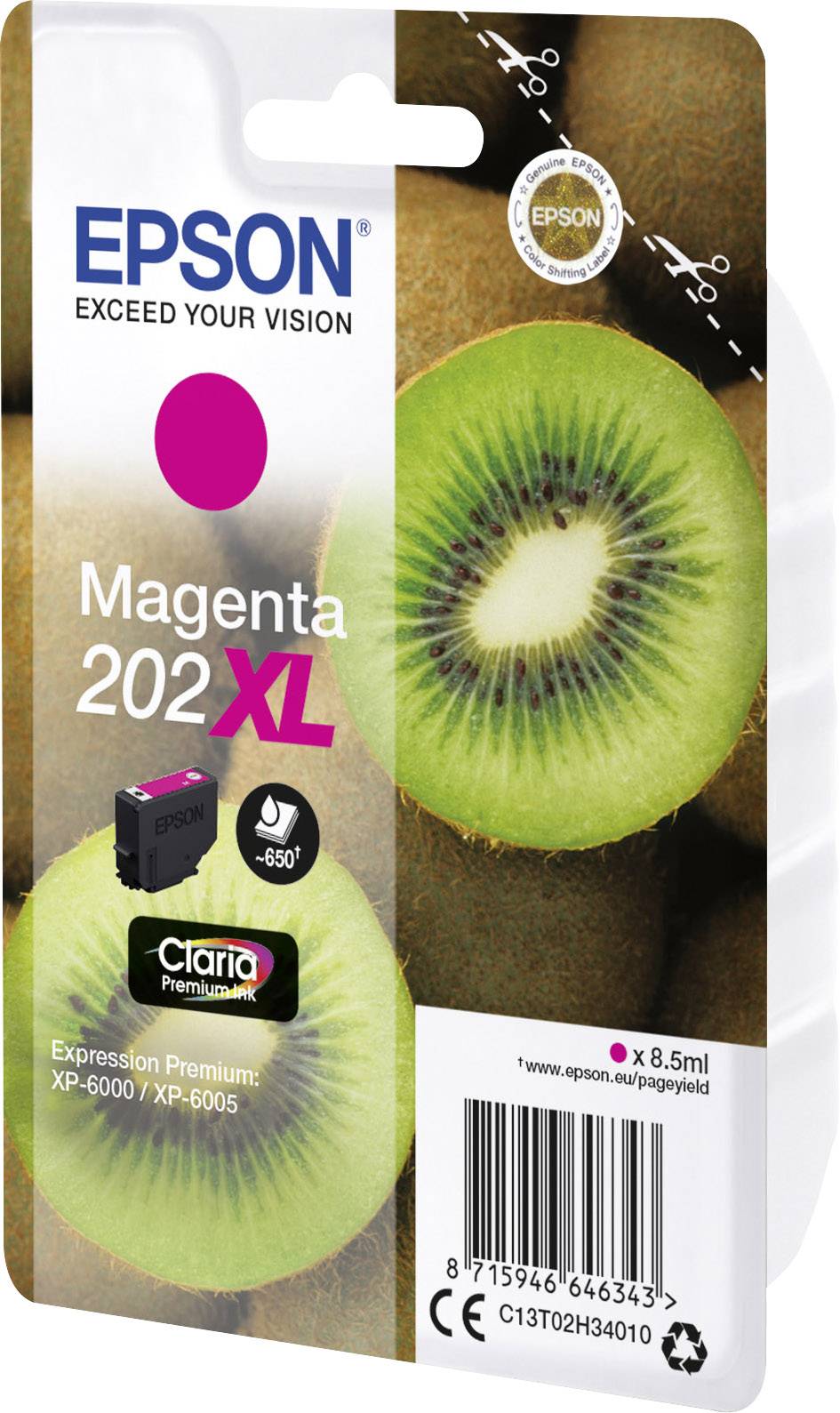Tinta Epson 202XL u magenti, kompatibilna s modelima pisača XP-6000 i XP-6005, ispred slike kivija na pakiranju.