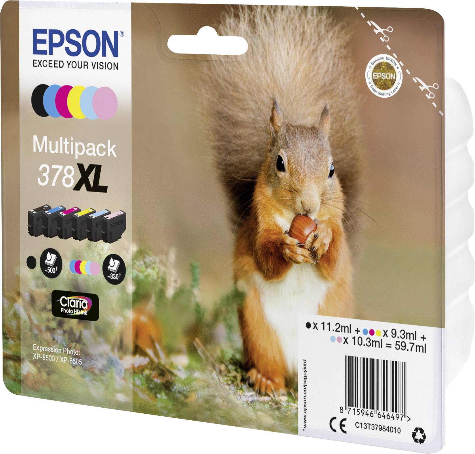 Pakiranja Epson 378XL tinte multipack prikazuje vjevericu s oraščićem. Sadrži crnu tinu i obojene tinte.