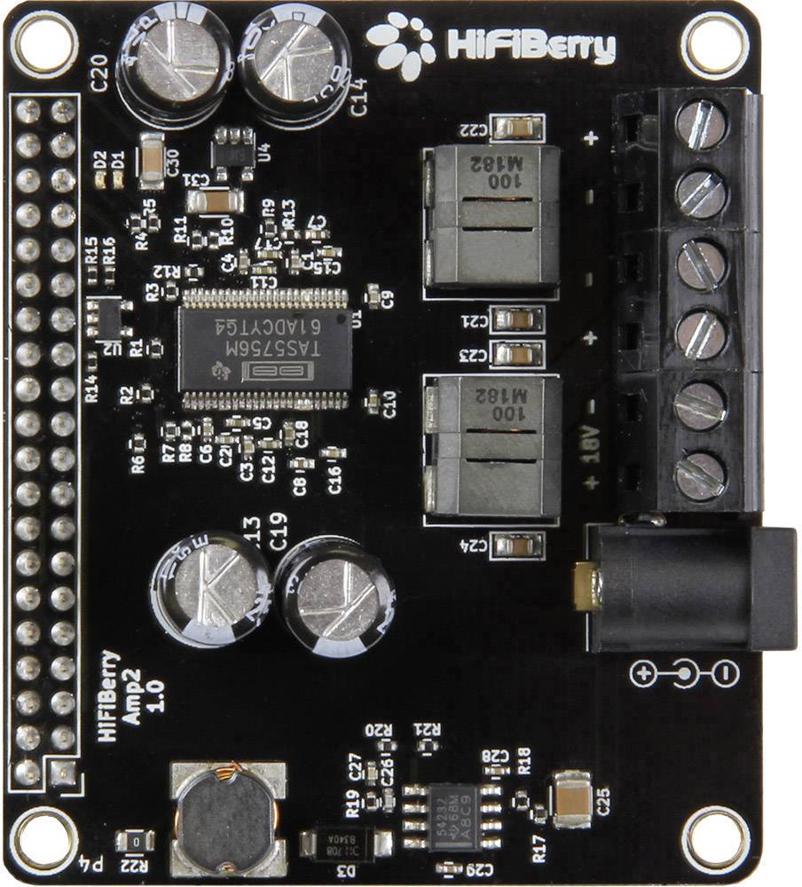 HiFiBerry AMP2: Crna zvučna kartica s priključcima i komponentama za pojačavanje audio signala za Raspberry Pi.