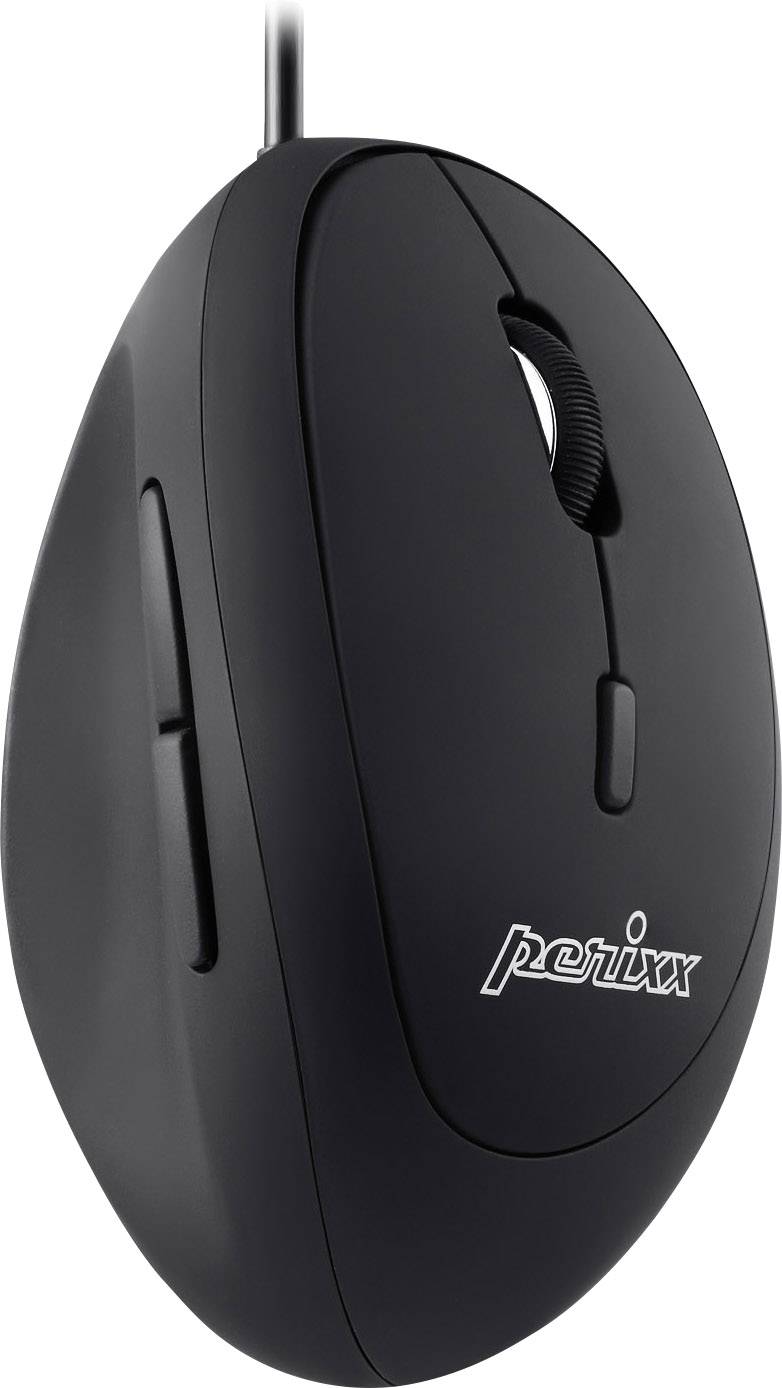 Vertikalna crna ergonomska računalna miš s bočnim tipkama i kabelom, vidljiv naziv marke 'perixx'.
