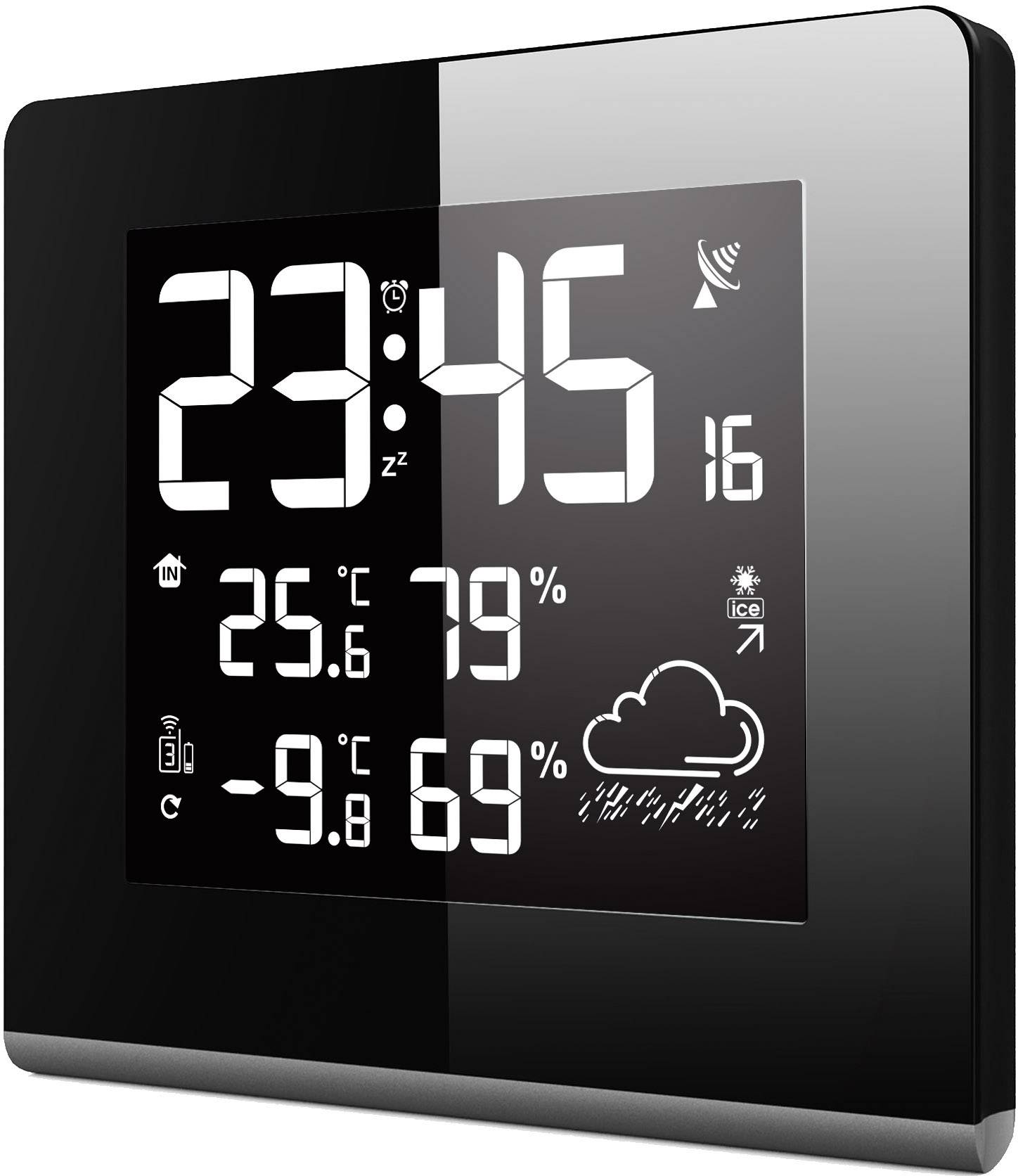 Digitalna meteorološka stanica pokazuje vrijeme 23:45, unutarnju temperaturu od 25,6°C sa 79% vlažnosti zraka i vanjsku temperaturu od -9,8°C sa 69% vlažnosti zraka. Simboli oblaka i snijega prikazuju trenutačne vremenske uvjete.