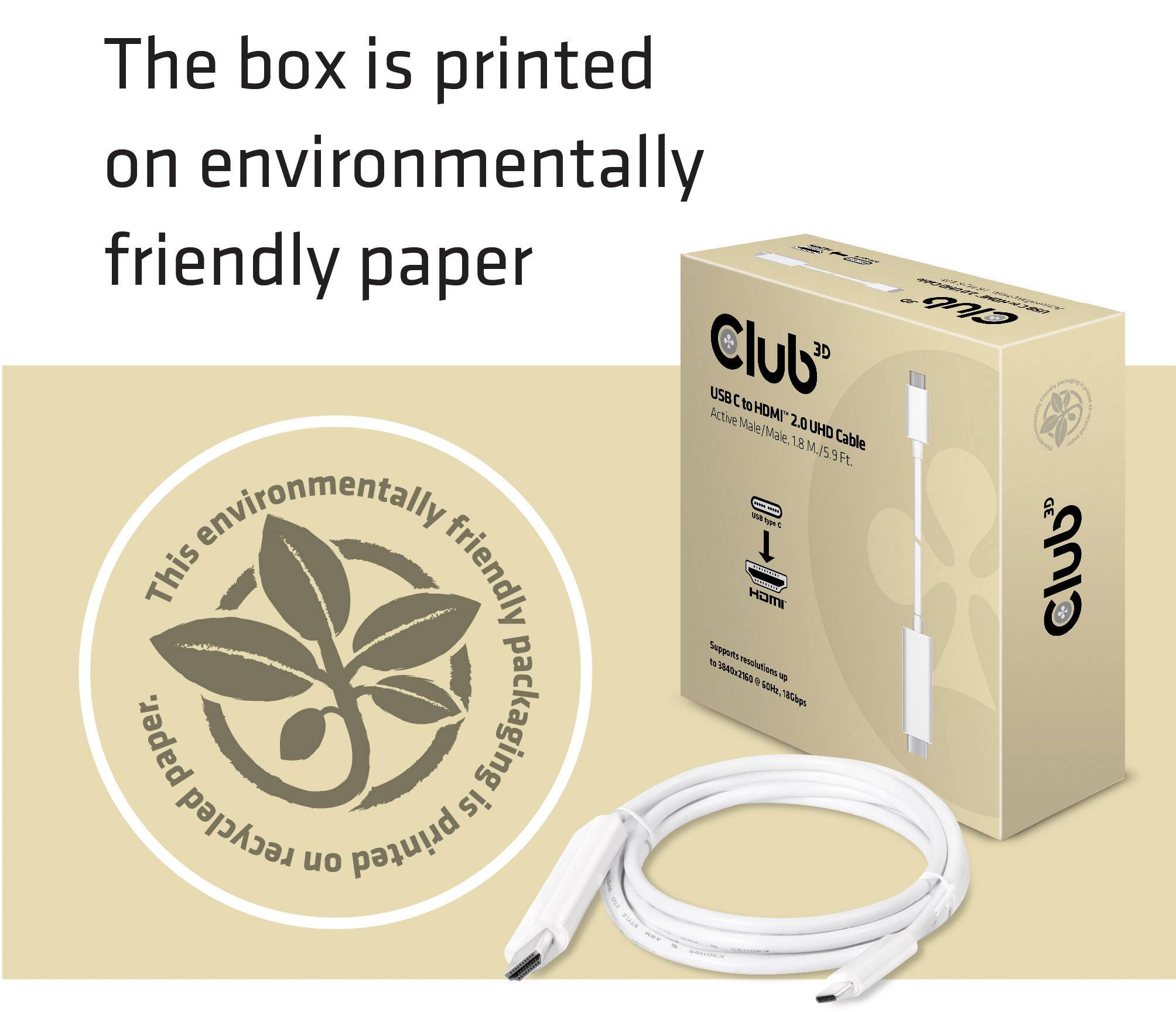 Ambalaža USB-C kabela od 'Cluba' tiskana je na okolišu prijateljskom papiru. Tekstualni element: 'Kutija je tiskana na okolišu prijateljskom papiru'.