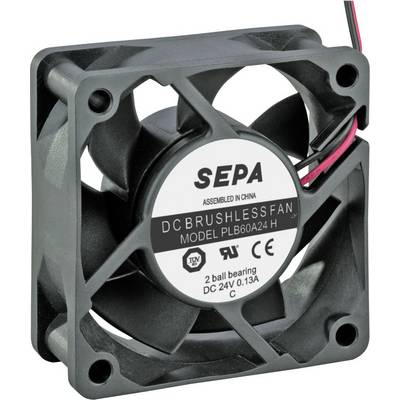 Crni, kvadratni ventilator s natpisom 'SEPA DC Brushless ventilator, model PLB60A24 H'. Radni napon: 24V, 0,13A.