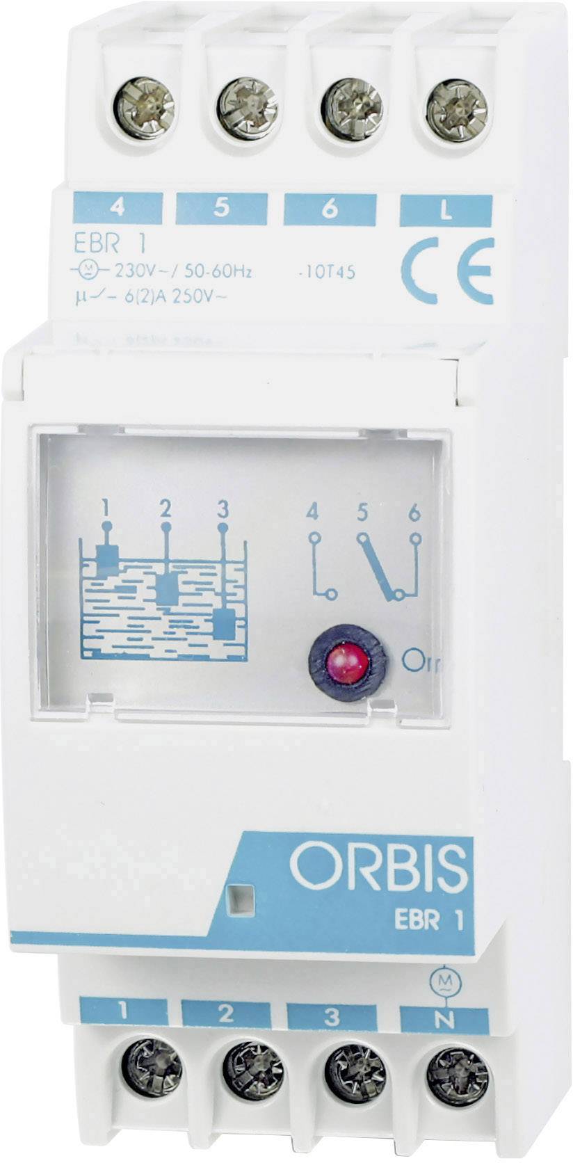 Bijelo-plavi elektronički modul s natpisom 'ORBIS EBR 1', prikazuje simbole za regulaciju vodostaja i tehničke detalje.
