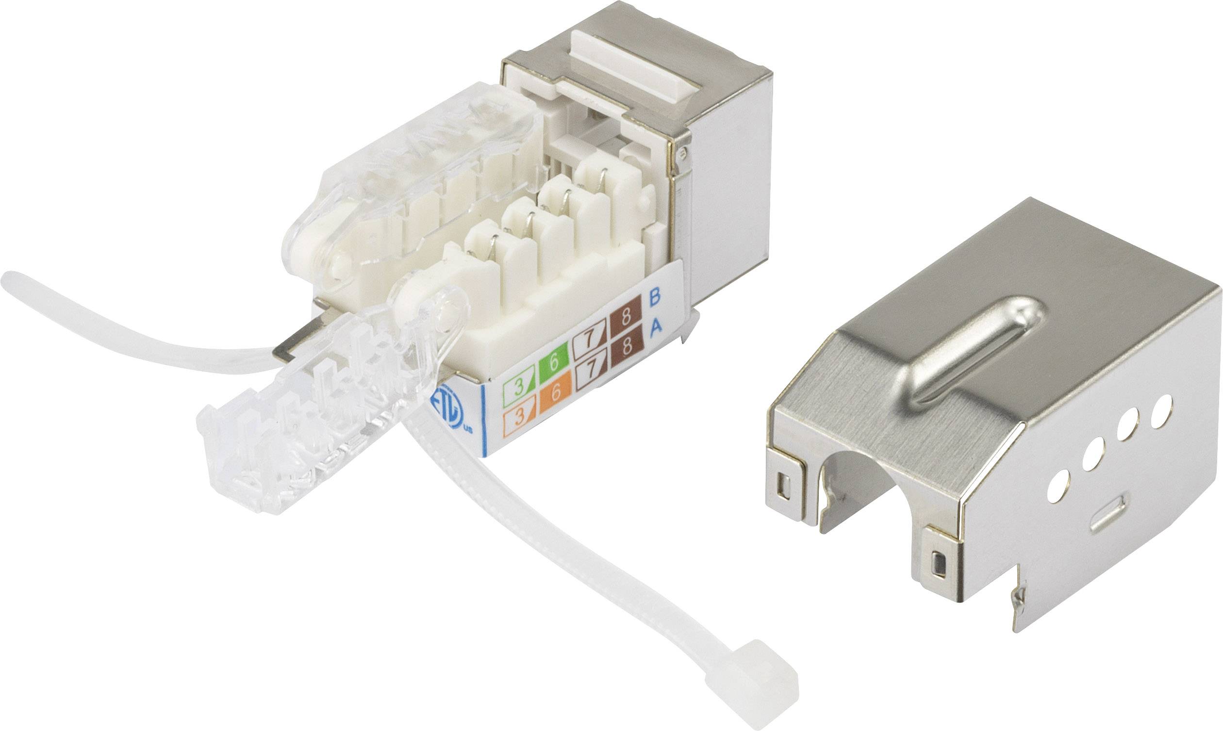 Modulski RJ45 keystone modul utičnice s uklonjivim metalnim kućištem i boja-kodiranim vodičima za mrežne instalacije.