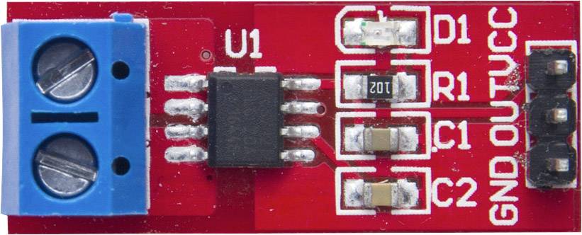 Crveni elektronički modul s elektroničkim strujnim krugom. Lijevo plavi priključni blok, desno utične kontaktne trake označene s D1, R1, C1, C2, GND, OUT, VCC.