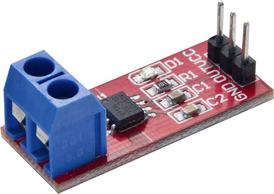 Crveni senzorski modul sa plavim konektorom i tri metalne pins-ice, pogled sa strane. Elektronički komponenti su vidljivi.