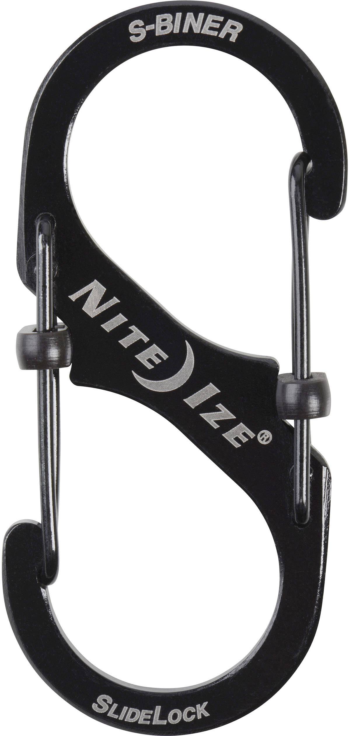 Crni S-oblikovani karabiner s natpisom 'Nite Ize S-Biner' i 'SlideLock' za sigurno zatvaranje.