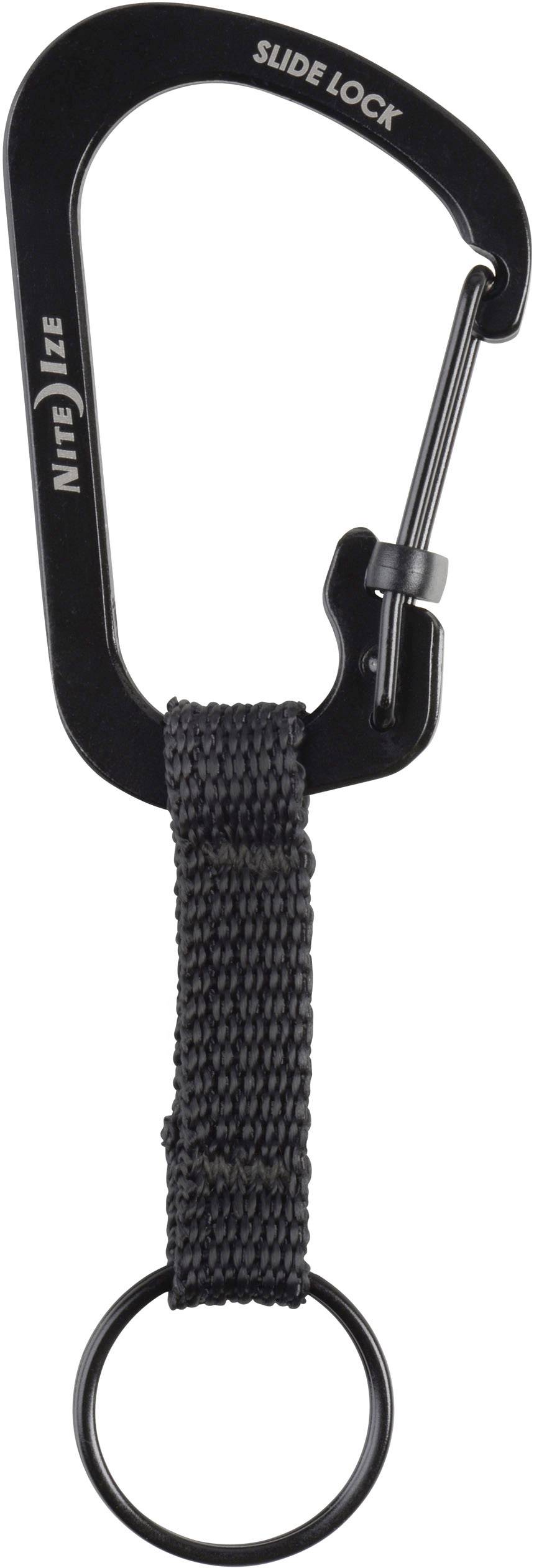 Crni karabiner s zaključavanjem, pričvršćen na crnoj tekstilnoj traci s privjeskom za ključeve.