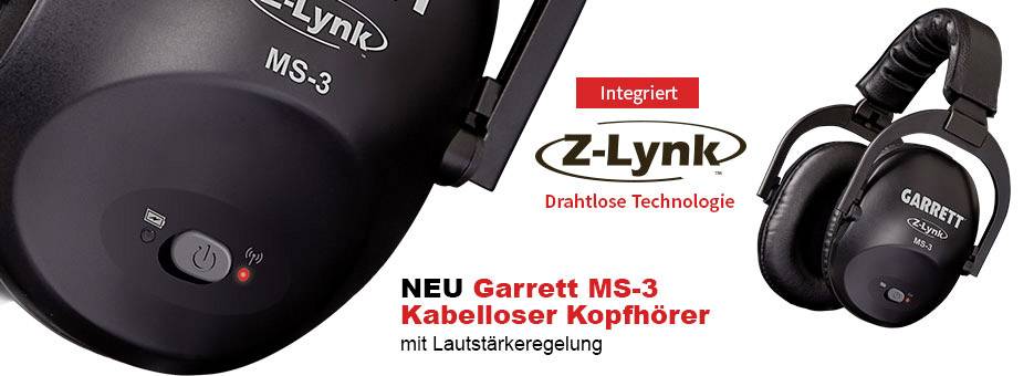 Garrett MS-3 bežične slušalice s Z-Lynk bežičnom tehnologijom, integrirane, s kontrolom glasnoće.' Glavna slika prikazuje približni prikaz slušalica.