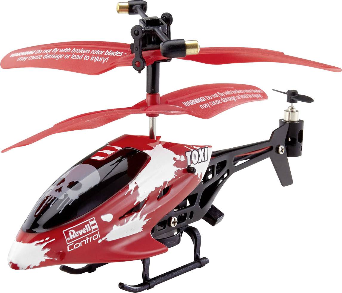 Crveni i crni mini model igračke helikoptera s natpisom 'Revell Control'.
