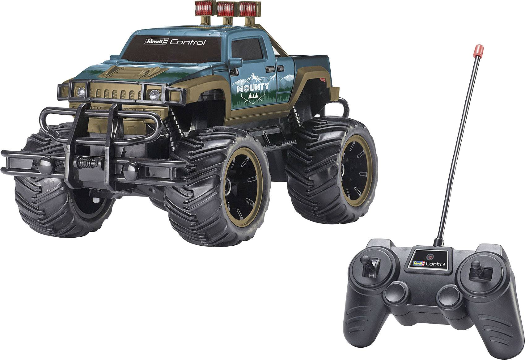 Daljinski upravljani igračka monster truck 'Mounty' s velikim gumama, visokim pokasom i zasebnim daljinskim upravljačem.