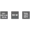 Tri pravokutne naljepnice: '220-240 V/AC 50 Hz', '90 W', 'Temp. 160°C-480°C'. Prikazuju tehničke specifikacije uređaja.