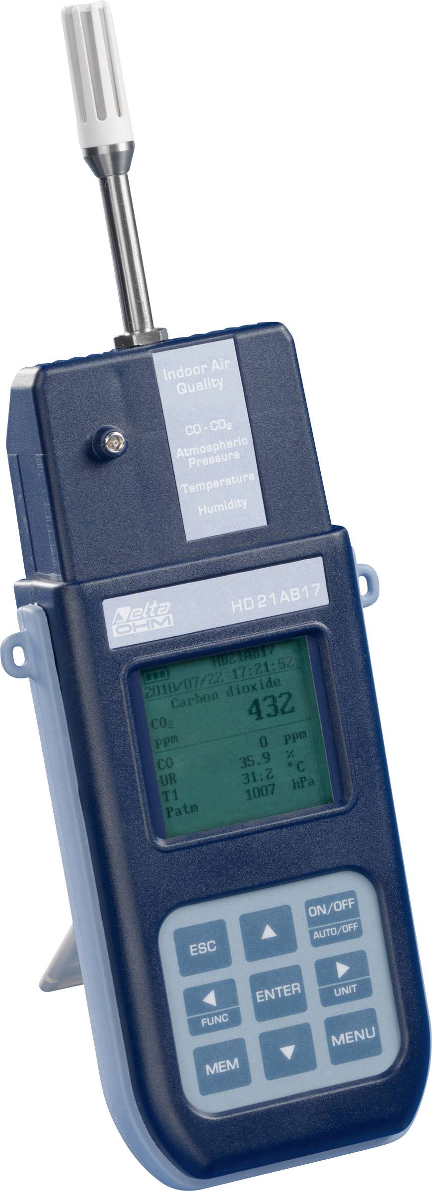 Prijenosni uređaj za mjerenje CO_2, temperature i vlažnosti s zaslonom i tipkama za upravljanje. Idealan za analize kontrole klime.