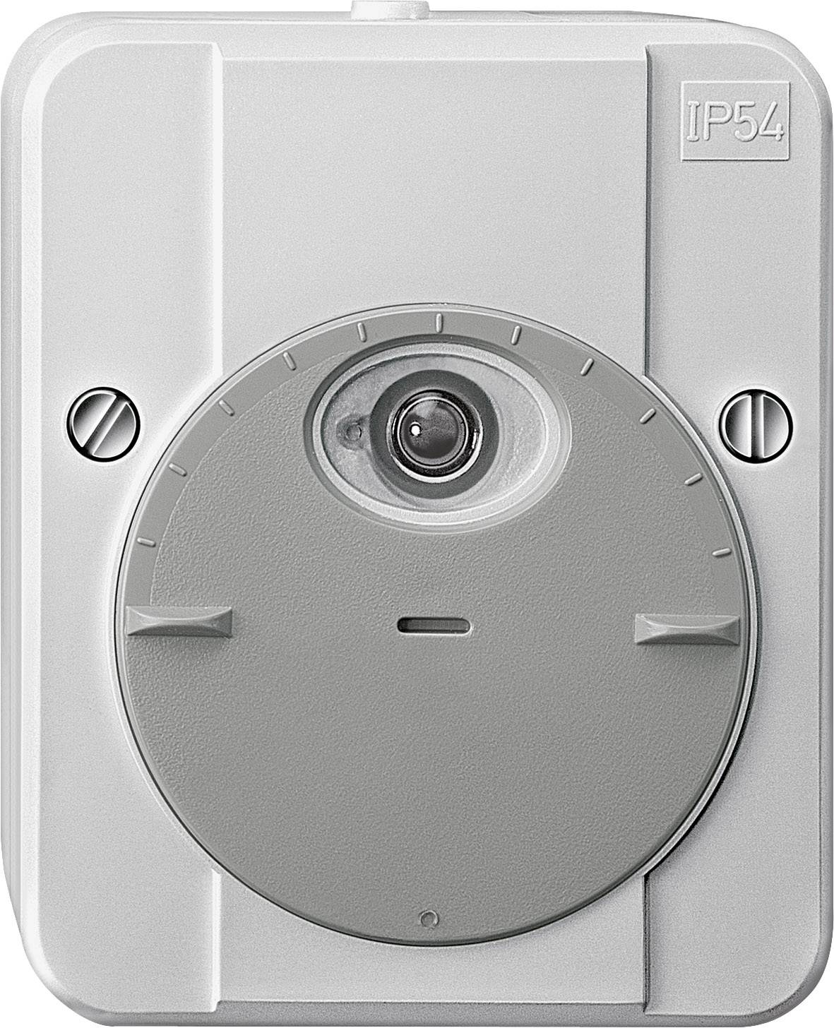 Sivi elektronički prekidač s zaštitom IP54, prepoznatljiv po leći i dvije bočne vijke na pravokutnoj ploči.