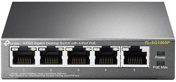 TP-Link 5-portni Gigabit Desktop Switch s 4 PoE-porta, model TL-SG1005P. Prikazuje pet Ethernet portova i LED indikatore za napajanje i PoE.