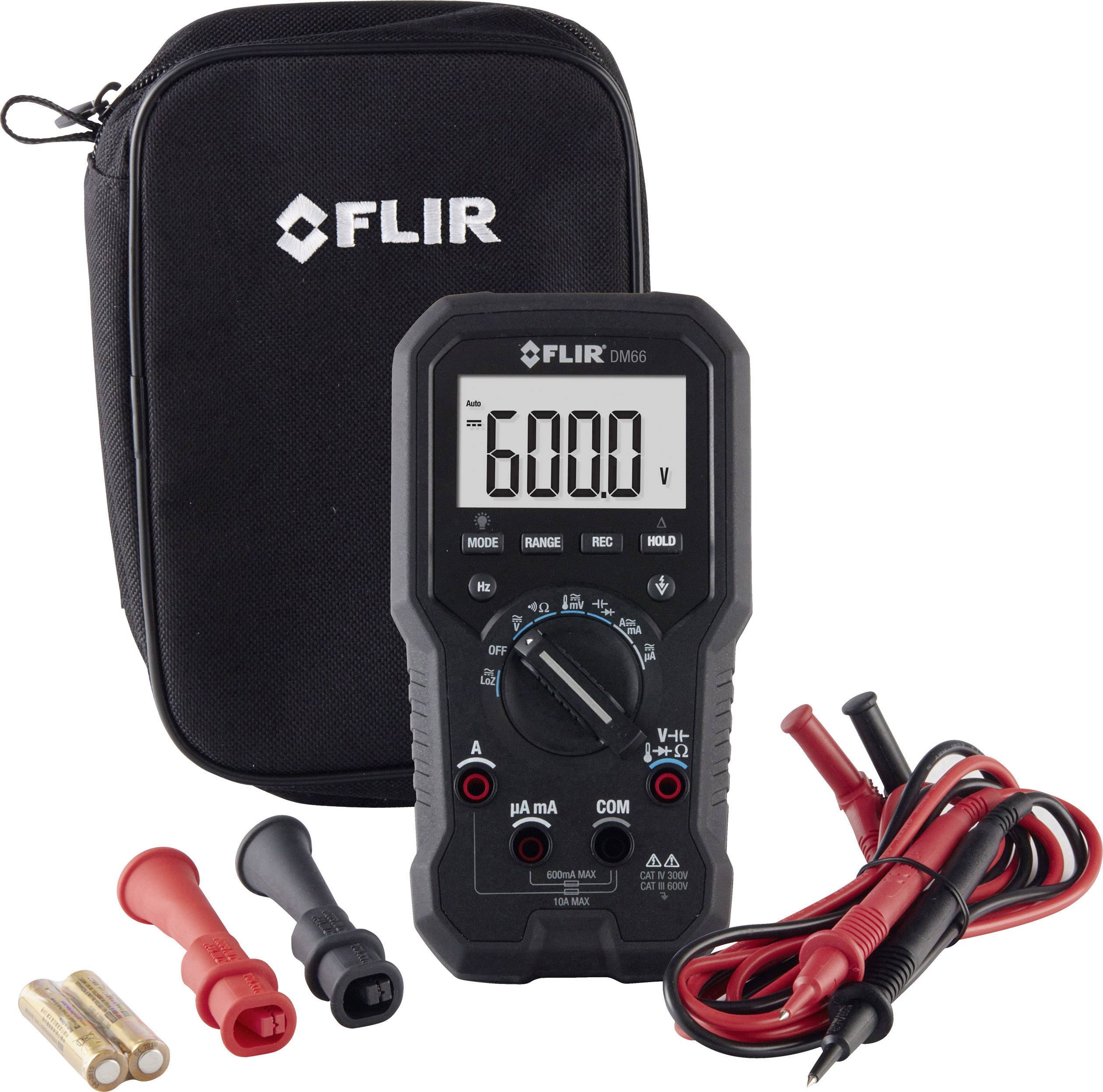Multimetar marke FLIR s kabelima i torbom. Prikazuje '6000 V' na zaslonu. Uključuje dvije sonde i baterije.