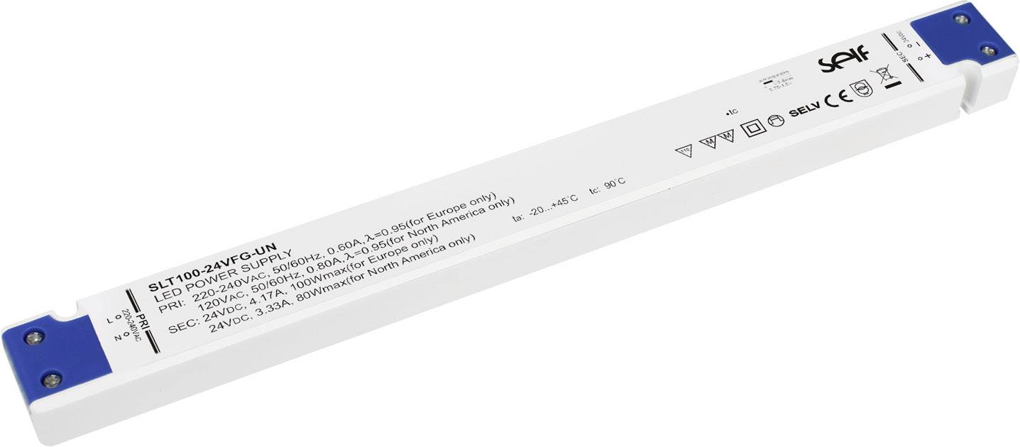 LED-driver BLT100-24VF-UN, uzak, bijel, s plavim krajnjim kapicama. Sadrži tehničke specifikacije i simbole certifikacije.