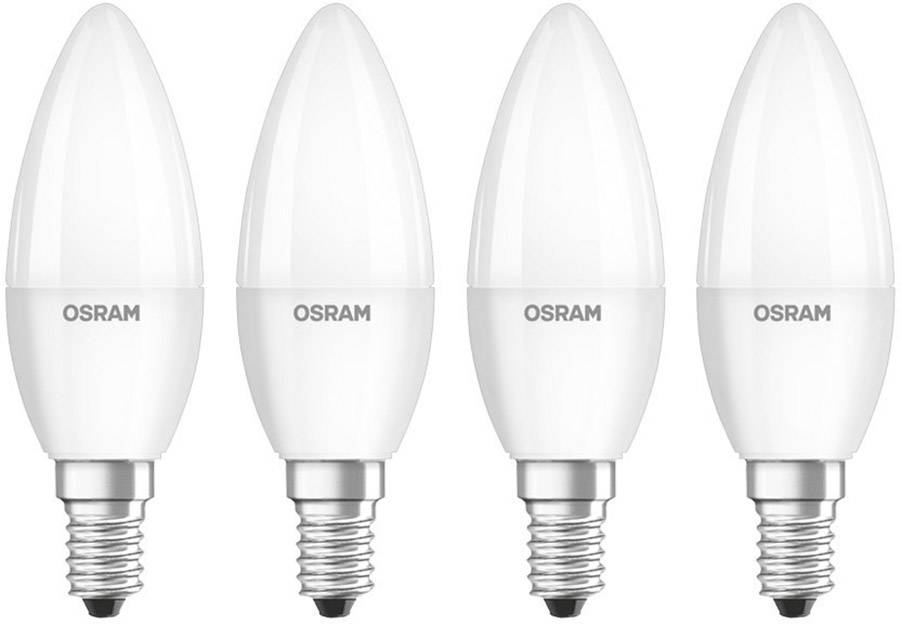 Četiri LED žarulje OSRAM-a posložene u nizu. Žarulje imaju E14 podnožje i dizajnirane su u obliku svijeće.